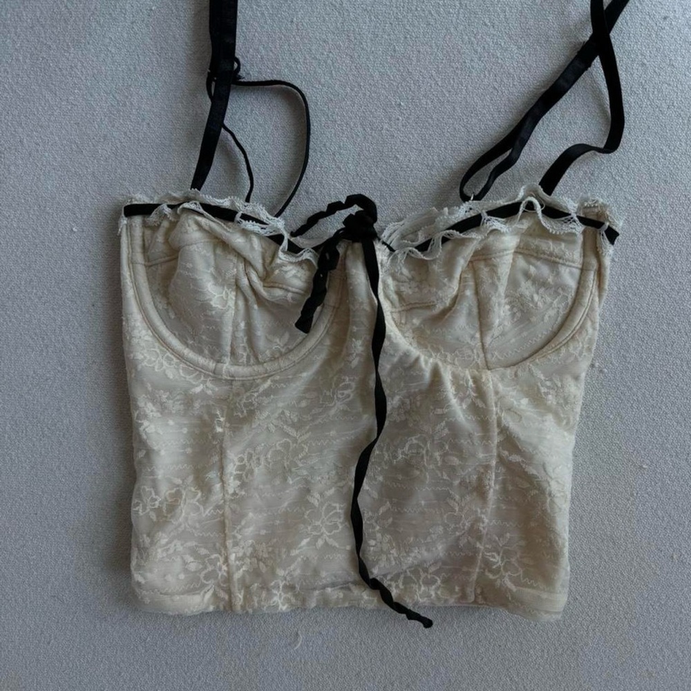 Cream Lace Bustier Top with Black Ribbon Straps